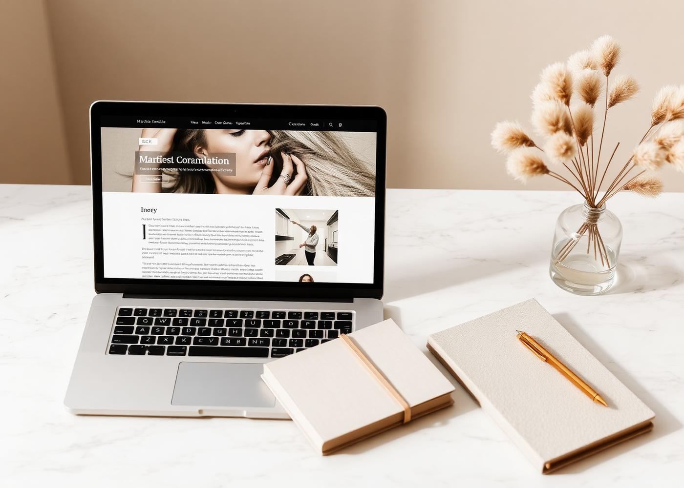 Designer workspace with a laptop displaying a minimal website